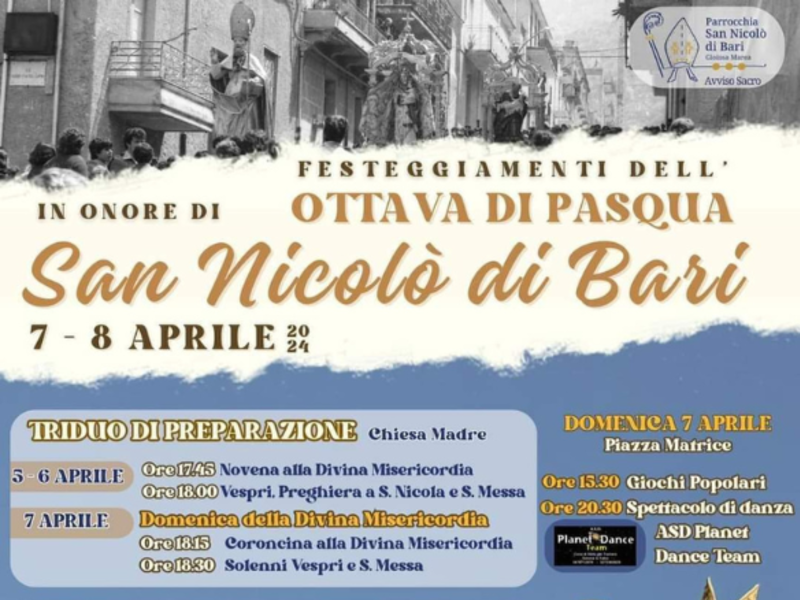 7-8 Aprile 2024 - Festeggiamenti dell'Ottava di Pasqua in onore di San Nicolò di Bari 